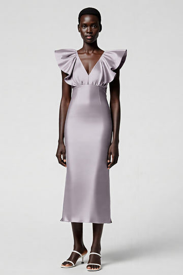 Taro Purple V Neck Sheath Ruffled Midi Formal Dress